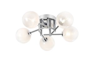 Gana 50cm Semi Flush Ceiling Round, 5 Light G9, IP44, Polished Chrome/White Two-Tone Snow Specks Round Glass