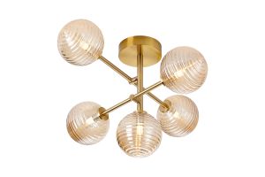 Gana Semi Flush Ceiling Tiered Adjustable Arms, 5 Light G9, IP44, Brass Gold/Amber Ribbed Round Glass
