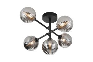 Gana Semi Flush Ceiling Tiered Adjustable Arms, 5 Light G9, IP44, Satin Black/Smoke Ribbed Round Glass