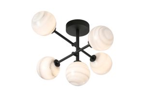 Gana Semi Flush Ceiling Tiered Adjustable Arms, 5 Light G9, IP44, Satin Black/Grey Round Marble Effect Glass