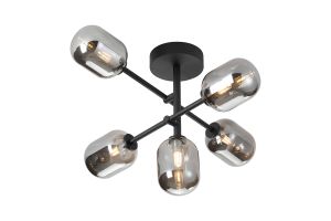 Gana Semi Flush Ceiling Tiered Adjustable Arms, 5 Light G9, IP44, Satin Black/Smoke Smooth Tubular Glass