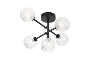 Gana Semi Flush Ceiling Tiered Adjustable Arms, 5 Light G9, IP44, Satin Black/Clear Cross Pattern Round Glass