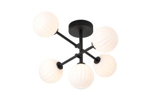 Gana Semi Flush Ceiling Tiered Adjustable Arms, 5 Light G9, IP44, Satin Black/Opal Round Segment Glass