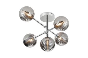 Gana Semi Flush Ceiling Tiered Adjustable Arms, 5 Light G9, IP44, Polished Chrome/Smoke Ribbed Round Glass