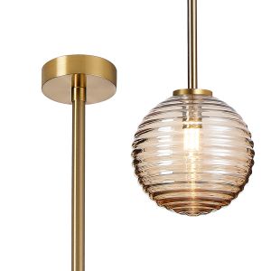 Gana 12cm Telescopic Pendant, 1 Light G9, IP44, Brass Gold/Amber Ribbed Round Glass