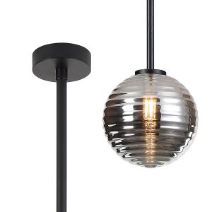 Gana 12cm Telescopic Pendant, 1 Light G9, IP44, Satin Black/Smoke Ribbed Round Glass