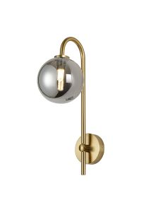 Gana Curved Arm Wall Light, 1 Light G9, IP44, Brass Gold/Smoke Smooth Round Glass