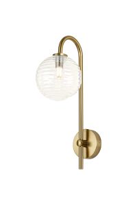 Gana Curved Arm Wall Light, 1 Light G9, IP44, Brass Gold/Clear Ribbed Round Glass