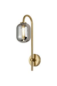 Gana Curved Arm Wall Light, 1 Light G9, IP44, Brass Gold/Smoke Smooth Tubular Glass