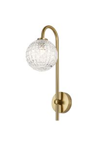 Gana Curved Arm Wall Light, 1 Light G9, IP44, Brass Gold/Clear Cross Pattern Round Glass