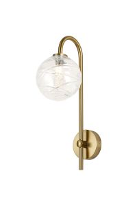 Gana Curved Arm Wall Light, 1 Light G9, IP44, Brass Gold/Clear Dune Effect Round Glass