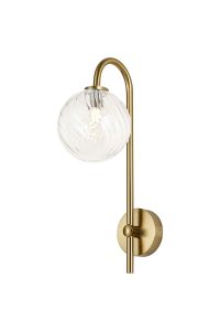 Gana Curved Arm Wall Light, 1 Light G9, IP44, Brass Gold/Clear Swirl Round Glass
