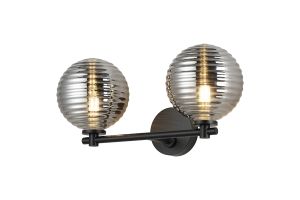 Gana Short Arm Wall Light, 2 Light G9, IP44, Satin Black/Smoke Ribbed Round Glass