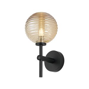 Gana Medium Arm Wall Light, 1 Light G9, IP44, Satin Black/Amber Ribbed Round Glass