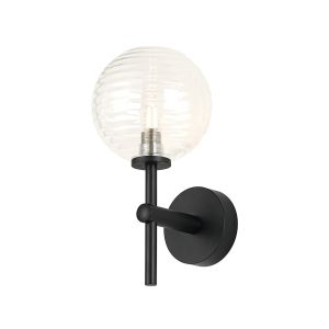 Gana Medium Arm Wall Light, 1 Light G9, IP44, Satin Black/Clear Ribbed Round Glass