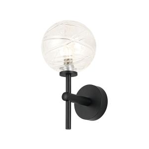 Gana Medium Arm Wall Light, 1 Light G9, IP44, Satin Black/Clear Dune Effect Round Glass
