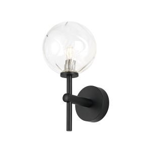 Gana Medium Arm Wall Light, 1 Light G9, IP44, Satin Black/Clear Waved Round Glass