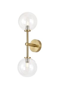 Gana Medium Arm Wall Light, 2 Light G9, IP44, Brass Gold/Clear Smooth Round Glass
