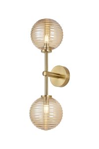 Gana Medium Arm Wall Light, 2 Light G9, IP44, Brass Gold/Amber Ribbed Round Glass