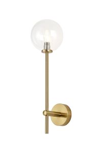 Gana Tall Arm Wall Light, 1 Light G9, IP44, Brass Gold/Clear Smooth Round Glass