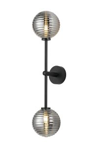 Gana Tall Arm Wall Light, 2 Light G9, IP44, Satin Black/Smoke Ribbed Round Glass