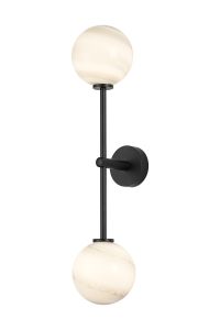 Gana Tall Arm Wall Light, 2 Light G9, IP44, Satin Black/Grey Round Marble Effect Glass