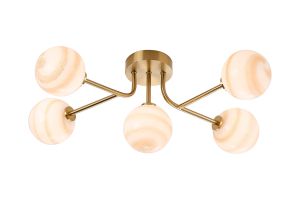 Gana Linear Semi Flush Ceiling, 5 Light G9, IP44, Brass Gold/Brown Round Marble Effect Glass