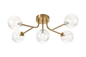 Gana Linear Semi Flush Ceiling, 5 Light G9, IP44, Brass Gold/Clear Waved Round Glass