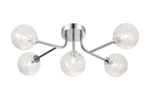 Gana Linear Semi Flush Ceiling, 5 Light G9, IP44, Polished Chrome/Clear Dune Effect Round Glass