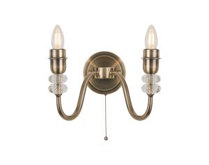 Lexo Wall Lamp Pull Switch (FRAME ONLY) Without Shade, 2 Light E27, Antique Brass/Clear Crystal
