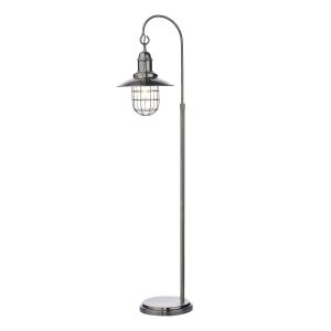 Terrace 1 Light E27 Antique Chrome Traditional Fisherman's Style Floor Lamp With Inline Foot Switch With Clear Glass Shade Within A Cage