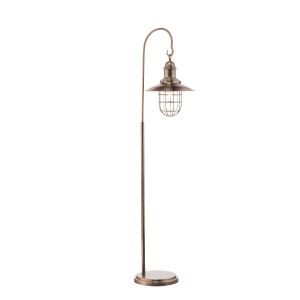 Terrace 1 Light E27 Copper Traditional Fisherman's Style Floor Lamp With Inline Foot Switch With Clear Glass Shade Within A Cage