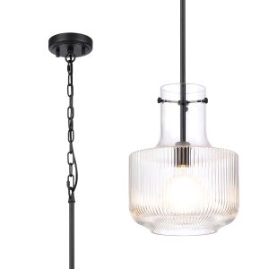 Romano Fluted Ribbed Glass Pendant, 1 x E27, Satin Black/Clear Glass