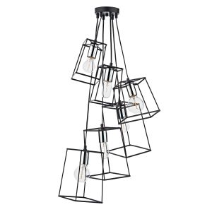 Tower 6 Light E27 Matt Black With Polished Chromer Adjustable Cluster Wire Frame Box Pendant