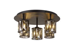 Fonte 46cm Round 5 Light G9 Flush Light Satin Black / Smoke Crystal Shade