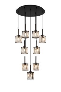 Acacia 50cm 9 Light G9 2.5m Round Multiple Pendant Sand Black / Clear Crystal Shade