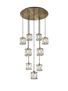 Acacia 50cm 9 Light G9 2.5m Round Multiple Pendant Antique Brass / Clear Crystal Shade