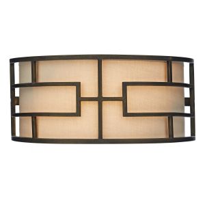 Tumola 2 Light E27 Bronze Metal Work Wall Light Complimented By Natural Linen Shade & Glass Diffuser