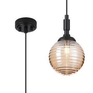Notte 12cm Pendant, 1 Light G9, IP44, Satin Black/Amber Ribbed Round Glass