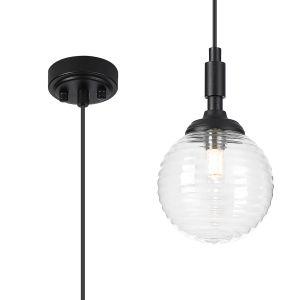 Notte 12cm Pendant, 1 Light G9, IP44, Satin Black/Clear Ribbed Round Glass