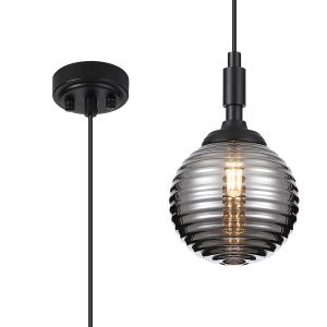 Notte 12cm Pendant, 1 Light G9, IP44, Satin Black/Smoke Ribbed Round Glass
