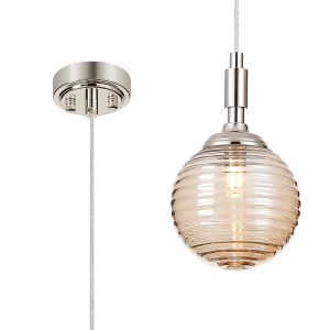 Notte 12cm Pendant, 1 Light G9, IP44, Polished Nickel/Amber Ribbed Round Glass