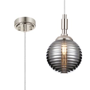 Notte 12cm Pendant, 1 Light G9, IP44, Polished Nickel/Smoke Ribbed Round Glass