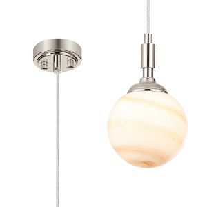 Notte 12cm Pendant, 1 Light G9, IP44, Polished Nickel/Brown/White Round Marble Effect Glass