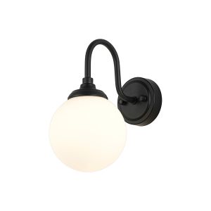 Notte Curved Arm Wall Light, 1 Light G9, IP44, Satin Black/Opal Smooth Round Glass