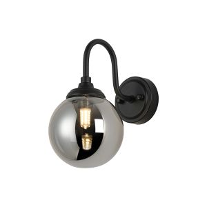 Notte Curved Arm Wall Light, 1 Light G9, IP44, Satin Black/Smoke Smooth Round Glass