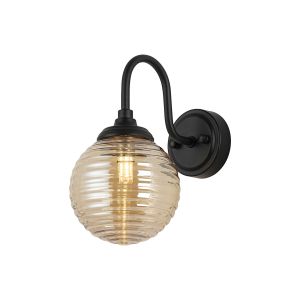 Notte Curved Arm Wall Light, 1 Light G9, IP44, Satin Black/Amber Ribbed Round Glass