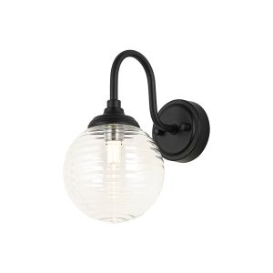 Notte Curved Arm Wall Light, 1 Light G9, IP44, Satin Black/Clear Ribbed Round Glass