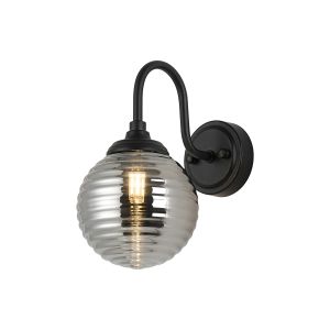 Notte Curved Arm Wall Light, 1 Light G9, IP44, Satin Black/Smoke Ribbed Round Glass