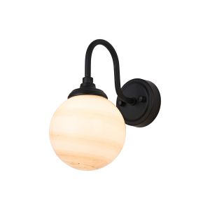 Notte Curved Arm Wall Light, 1 Light G9, IP44, Satin Black/Brown/White Round Marble Effect Glass